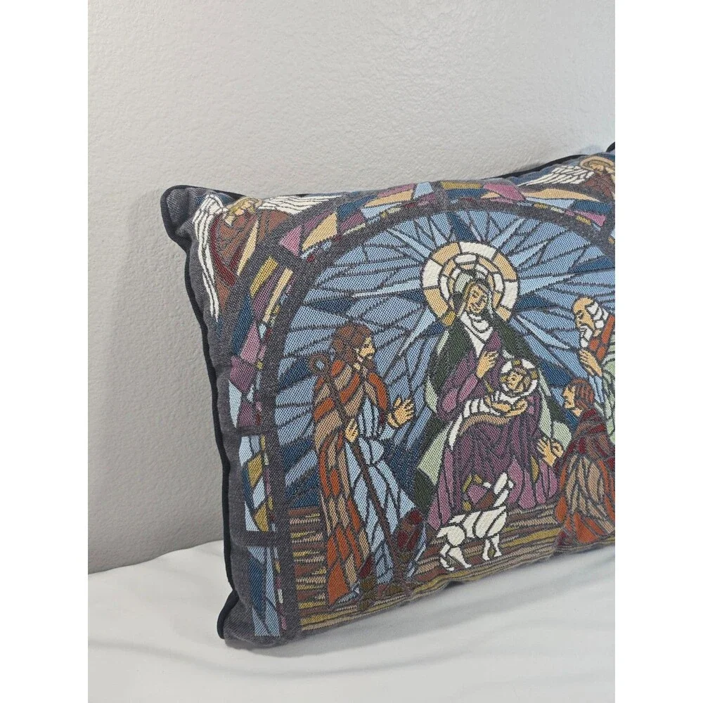 Nativity Scene Throw Pillow Stained Glass Joseph Mary Jesus Wise Men Needlepoint